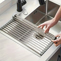 1pc, Deluxe Stainless Steel Roll-Up Dish Drying Rack - Space-Saving Over The Sink Design, Multifunctional Dish Drain Rack, Portable Rolling Rack, Sink Mat, Easy Storage, Rust-Resistant, Durable, And Compact Kitchen Tool, Drain Rack