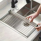 1pc, Deluxe Stainless Steel Roll-Up Dish Drying Rack - Space-Saving Over The Sink Design, Multifunctional Dish Drain Rack, Portable Rolling Rack, Sink Mat, Easy Storage, Rust-Resistant, Durable, And Compact Kitchen Tool, Drain Rack