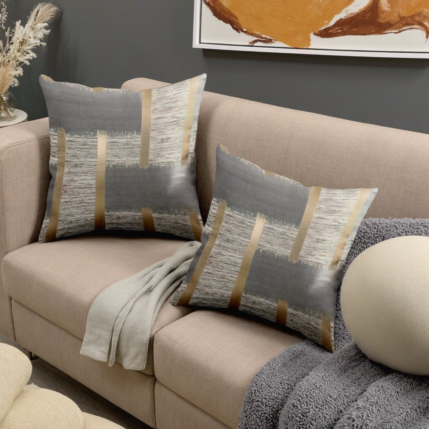 2 unidades de Almofadas Premium Cinza-Douradas Artísticas | Textura Escovada com Linhas Metálicas, Capas de Almofada Contemporâneas em Poliéster, Fecho de Zíper, Adiciona Luxo Minimalista Moderno ao Sala de Estar