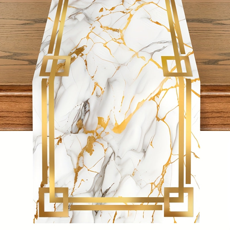 Caminho de Mesa Elegante em Mármore com 35.0 X 180.01 cm - Apresenta um Borda Dourada com Textura em Branco, Preto e Azul. Feito de Poliéster, é Ideal para Decorar Mesas de Jantar e Cozinha Durante Festas e Celebrações