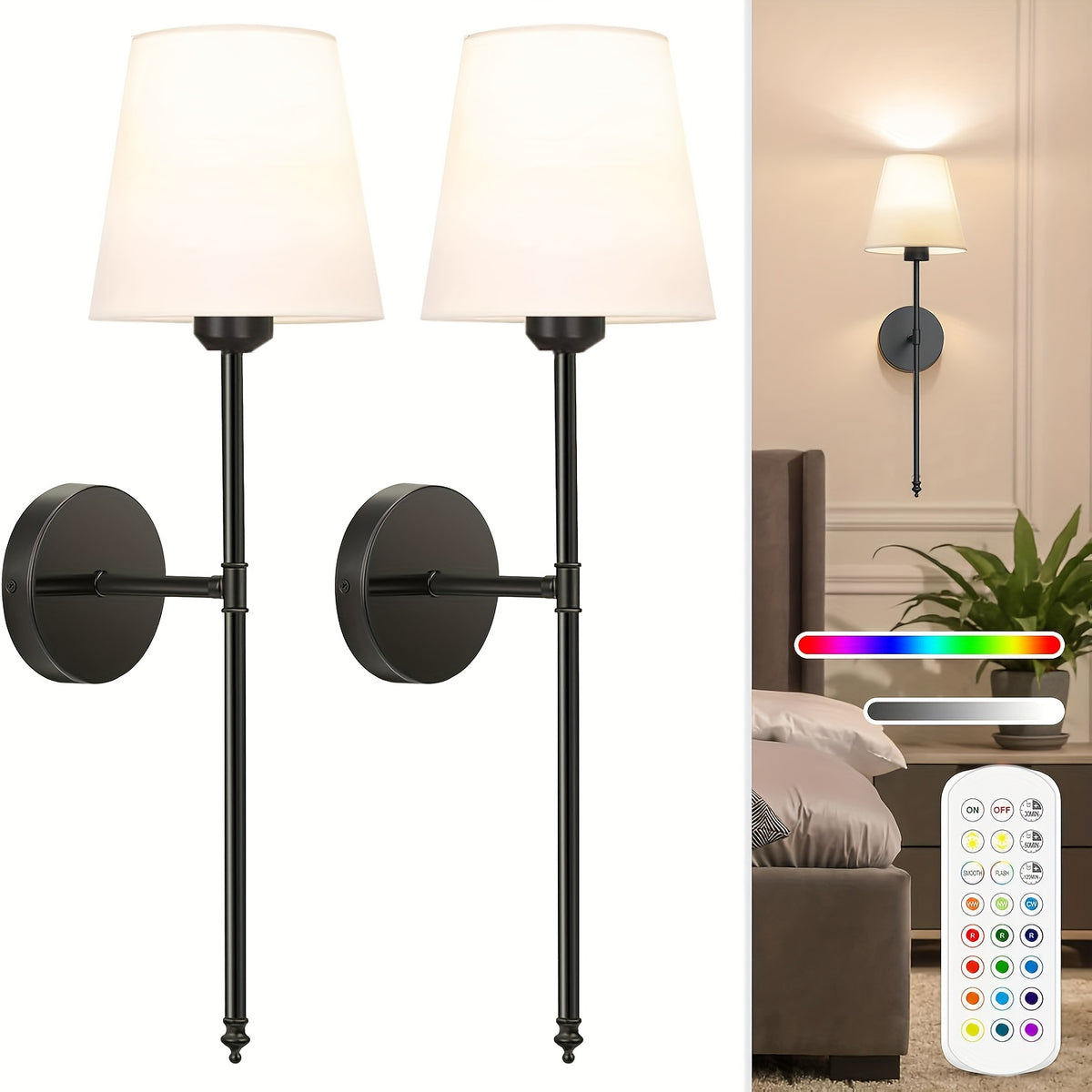 2 Conjuntos de Luzes de Parede a Pilhas, Conjunto de 2, Luzes de Parede Recarregáveis Douradas com Lâmpadas Magnéticas Removíveis e de Controlo Remoto, Cores RGB e 3 Temperaturas de Cor, Luzes de Parede Sem Fios Reguláveis para Quarto