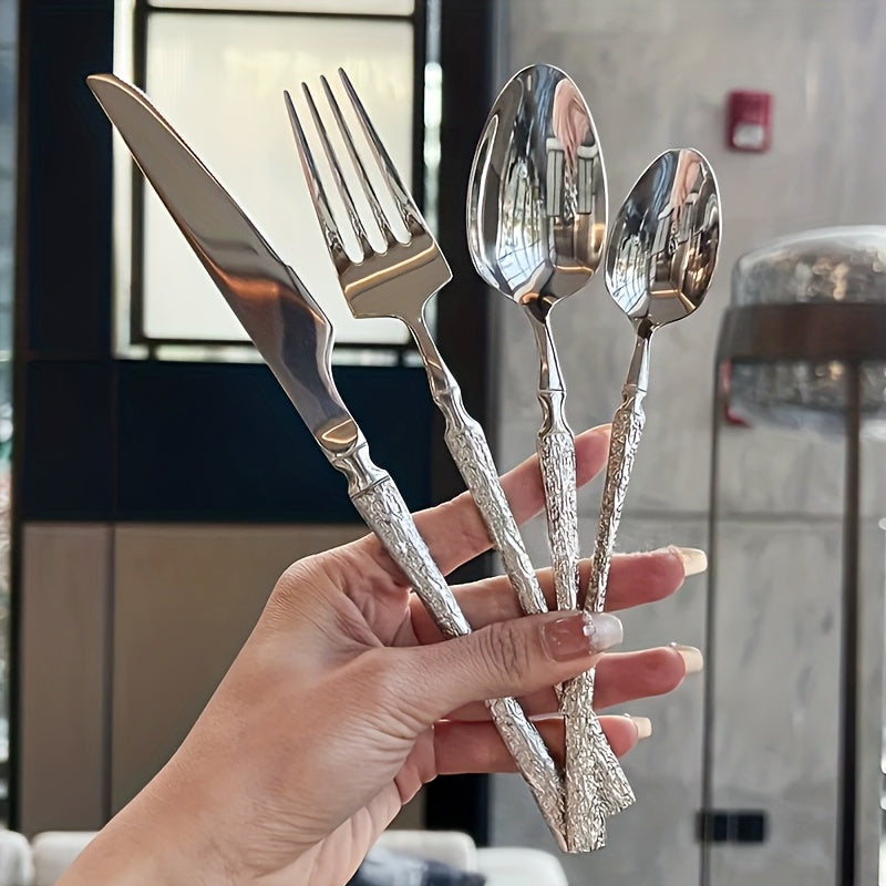 Conjunto de Talheres em Aço Inoxidável de 4/16/24 peças, Cabo de Talher com Padrão Martelado para Essenciais Domésticos, Talheres de Faca, Garfo e Colher de Alta Qualidade, Adequado para Casamentos, Hotéis, Restaurantes, Natal, Halloween, Ação de Graças, Dia dos Namorados, Dia da Mãe