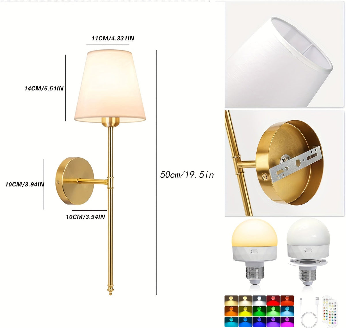 2 Conjuntos de Luzes de Parede a Pilhas, Conjunto de 2, Luzes de Parede Recarregáveis Douradas com Lâmpadas Magnéticas Removíveis e de Controlo Remoto, Cores RGB e 3 Temperaturas de Cor, Luzes de Parede Sem Fios Reguláveis para Quarto