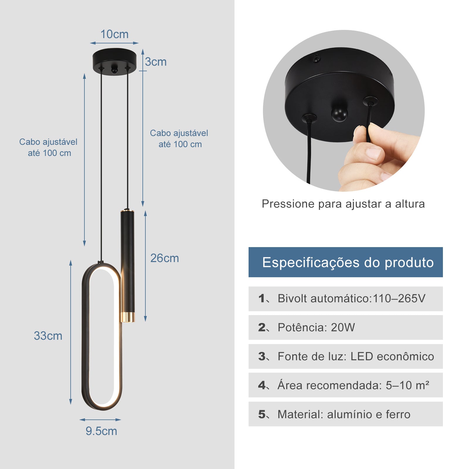 Modern Oval Pendant Light, 20W Adjustable Height LED Chandelier, 3-in-1 Dimmable LED with 100cm Adjustable Cord for Living Room, Bedroom, and Kitchen, Black