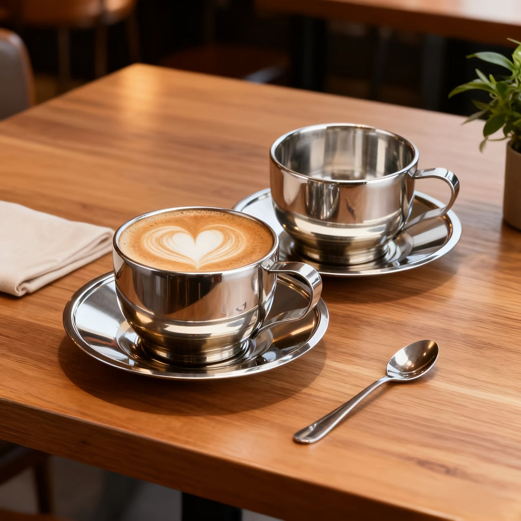 3pcs/sets 304 Thickened Stainless Steel Coffee Cup | Double-walled Insulated Cup | Home/Office Set with Saucer and Spoon (3pcs) - Simple Design, Easy to Clean, Long-lasting Use