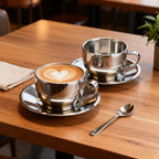 3pcs/sets 304 Thickened Stainless Steel Coffee Cup | Double-walled Insulated Cup | Home/Office Set with Saucer and Spoon (3pcs) - Simple Design, Easy to Clean, Long-lasting Use