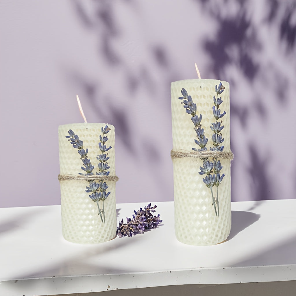 Conjunto de 2 Velas de Cera de Abelha, Velas de Cera de Abelha em Pilar com Aroma de Lavanda, Perfeitas para Presentes, Festas, Rituals e Decoração de Casa