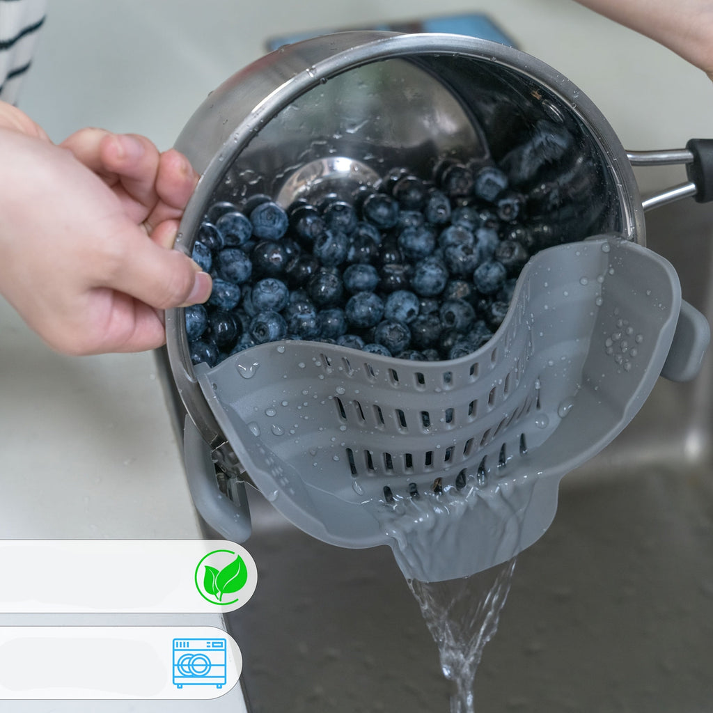 1peça ABERZEY Clip-On Strainer para Panelas e Tabuleiros - Peneira de Cozinha de Plástico Durável para Massas, Carne, Vegetais, Frutas - Drenagem Fácil e Design Compacto, Peneira para Massas, Preparação de Vegetais, Utensílios de Cozinha Modernos, Drenagem Eficiente