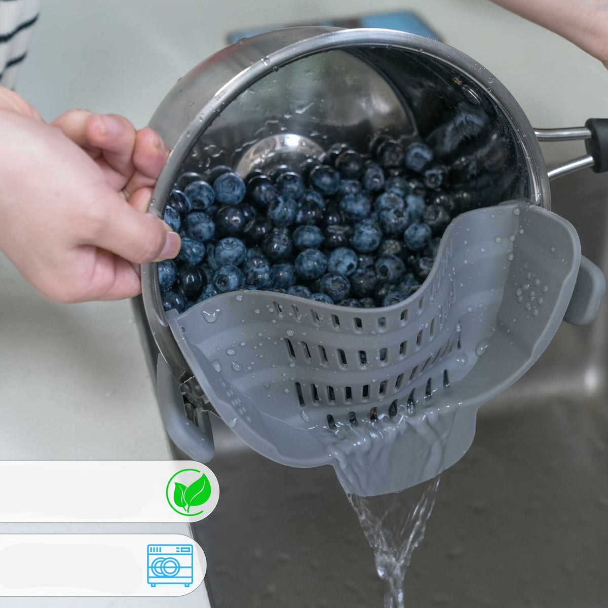 1peça ABERZEY Clip-On Strainer para Panelas e Tabuleiros - Peneira de Cozinha de Plástico Durável para Massas, Carne, Vegetais, Frutas - Drenagem Fácil e Design Compacto, Peneira para Massas, Preparação de Vegetais, Utensílios de Cozinha Modernos, Drenagem Eficiente