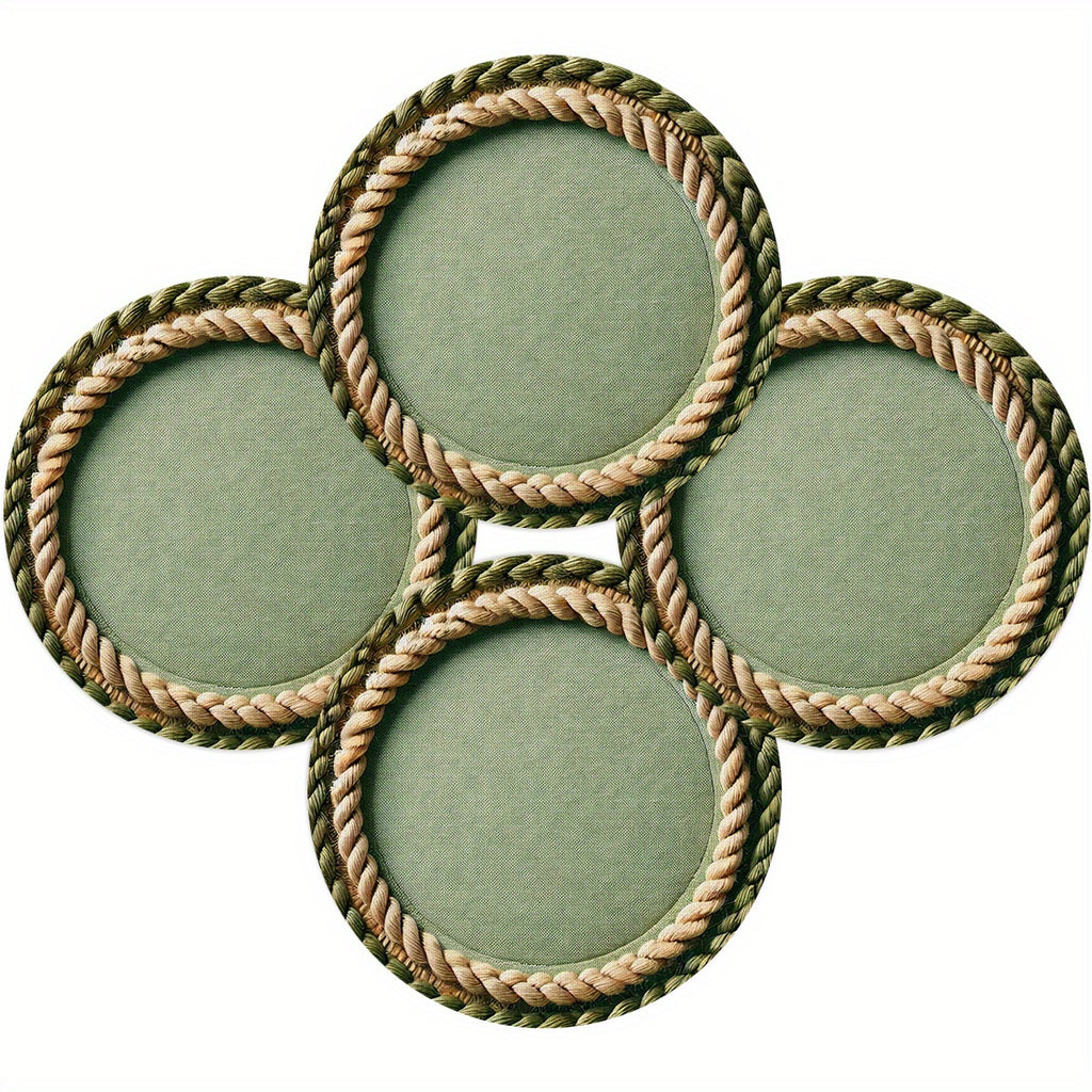 Conjunto de 4 Capachos Redondos - Borda em Cordão Verde Bege, Tapetes Centrais para Mesa na Cor Bege, 38,1x38,1 cm Resistente e Lavagem Manual Apenas no Tecido Decorativo Rústico Fazenda, Jantar Campestre, Festas Temáticas & Uso Diário - Utensílios Elegantes
