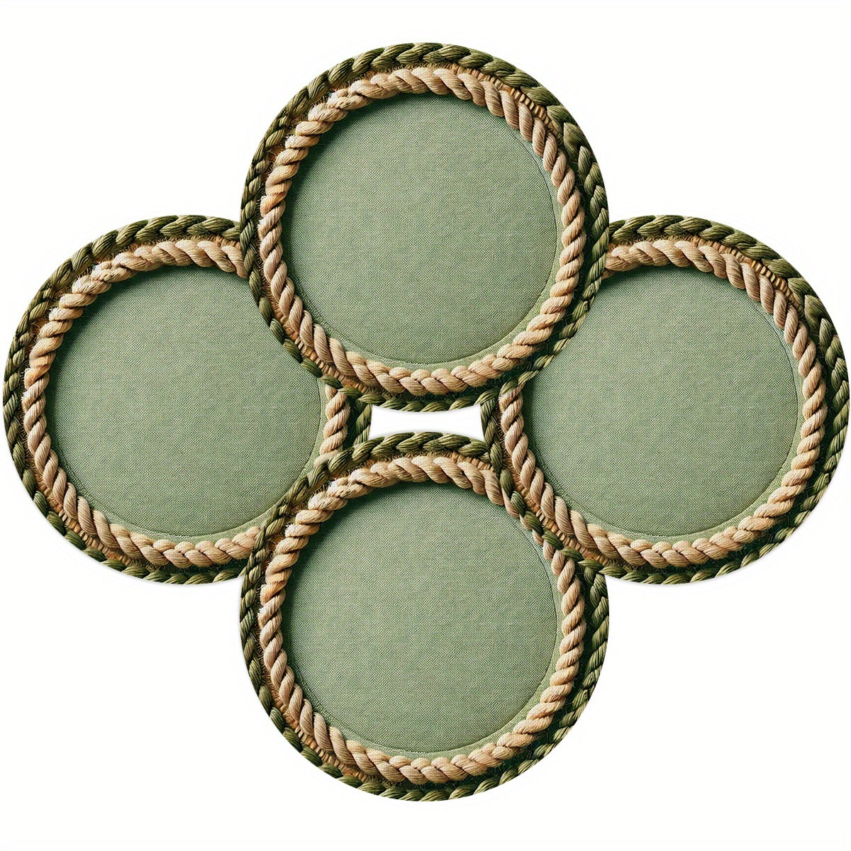 Conjunto de 4 Capachos Redondos - Borda em Cordão Verde Bege, Tapetes Centrais para Mesa na Cor Bege, 38,1x38,1 cm Resistente e Lavagem Manual Apenas no Tecido Decorativo Rústico Fazenda, Jantar Campestre, Festas Temáticas & Uso Diário - Utensílios Elegantes
