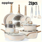 Conjunto de Cozinha de Indução em Granito Branco Appker, Coleção de Utensílios de Cozinha Incluindo Frigideira, Panela e Vaporizador