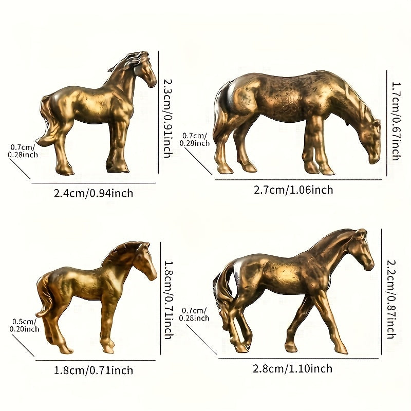 4pcs Bronze Mini Horse Figurines - Ornamentos de pônei metálicos detalhados para jardim musgo, tanque de peixes, decoração de bonsai, decoração de jardim | Figurinos de cavalo detalhados | Acabamento bronze