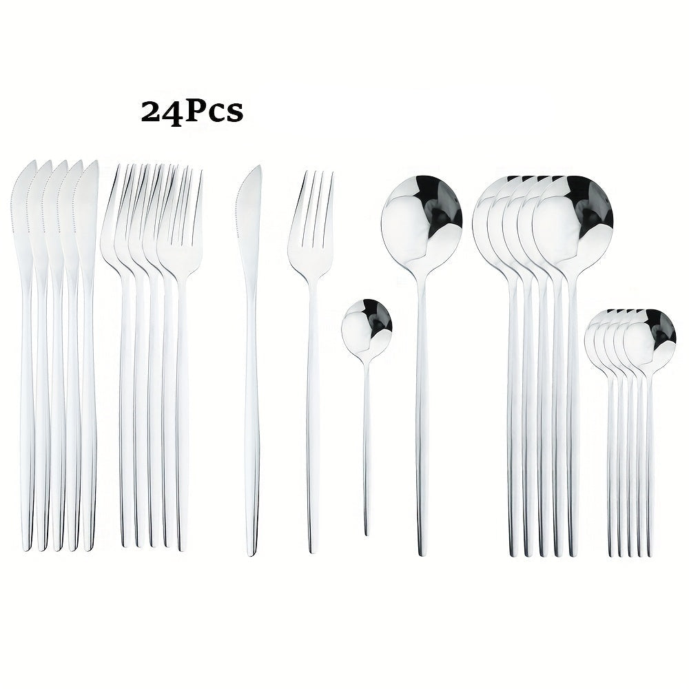 Conjunto de Talheres Dourados com Cabo Preto de 24 peças | Faca, Garfo, Colher em Aço Inoxidável, Aço Inoxidável 410, Presente de Louça de Jantar para Cozinha de Festival com Caixa
