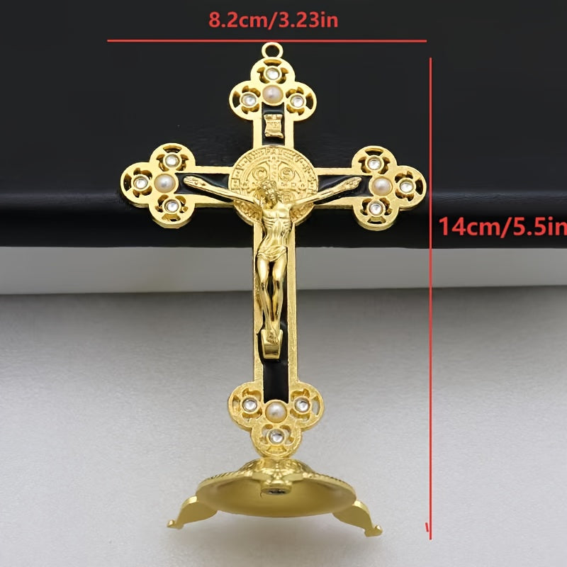 A Vintage Metal Statue of Christ Featuring an Intricate Cross Design - Perfect for Living Room Religious Decor, a Prayer Talisman, Adorned with Beautiful Golden And Red Accents, Suitable for Church Use