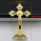 A Vintage Metal Statue of Christ Featuring an Intricate Cross Design - Perfect for Living Room Religious Decor, a Prayer Talisman, Adorned with Beautiful Golden And Red Accents, Suitable for Church Use