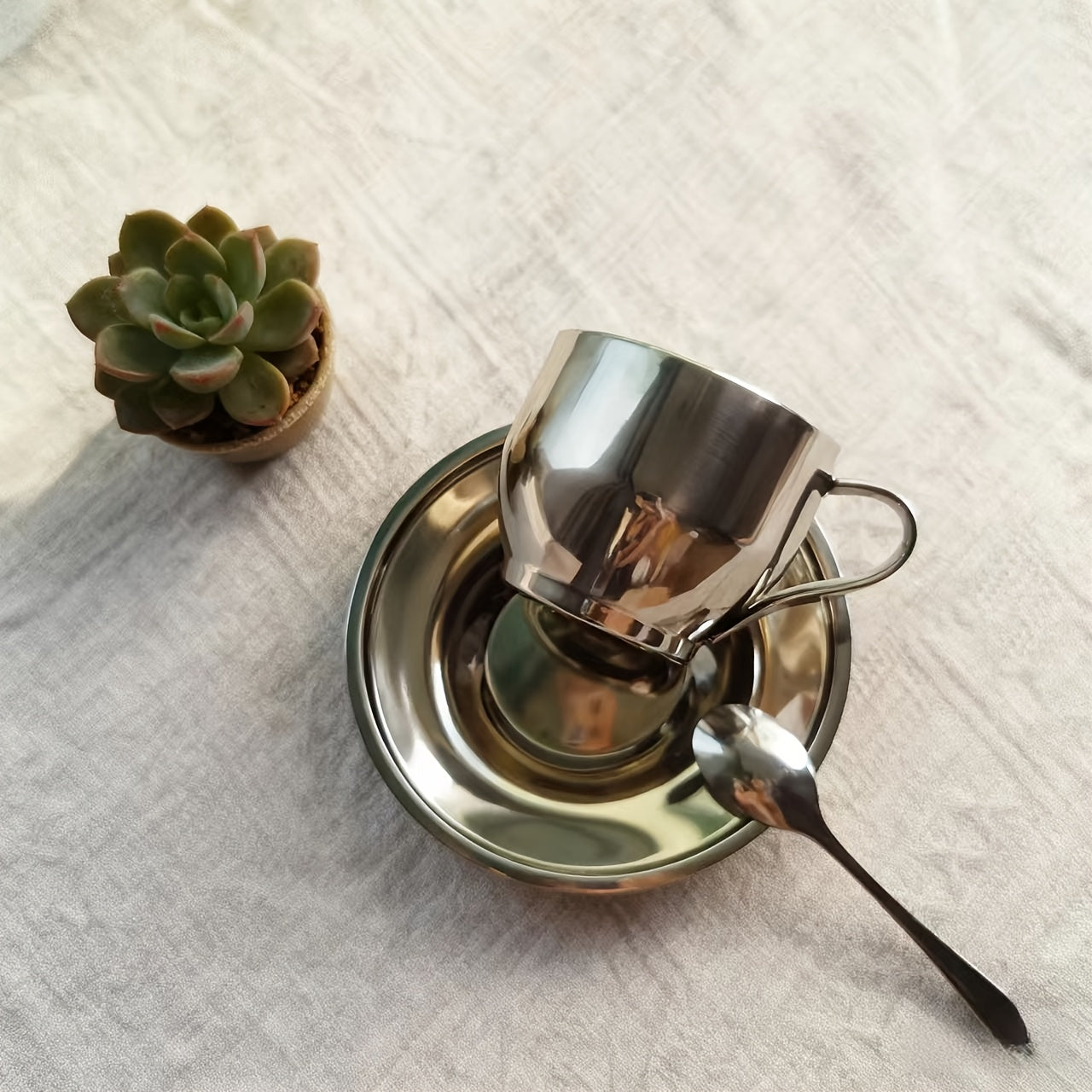 3pcs/sets 304 Thickened Stainless Steel Coffee Cup | Double-walled Insulated Cup | Home/Office Set with Saucer and Spoon (3pcs) - Simple Design, Easy to Clean, Long-lasting Use