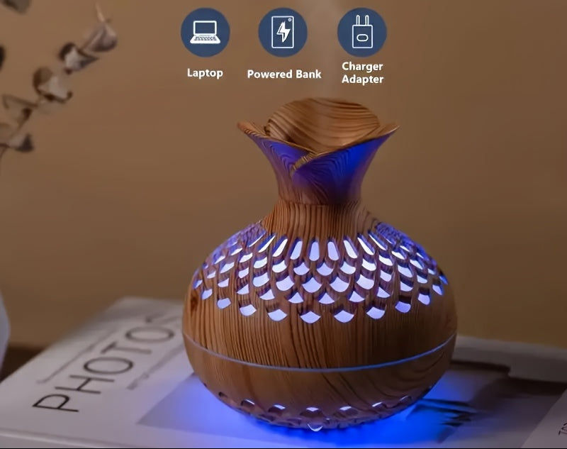 Diffusor de Aromaterapia Elegante em Madeira com Iluminação LED 7 Cores e 2 Modos de Névoa - Design Compacto USB para Casa, Escritório ou Carro - Presente Perfeito para Dia dos Namorados e Ano Novo, Umidificador Decorativo, Difusor de Fragrância, Qualidade Alta de Saída de Névoa, Acessório Moderno para Mesa
