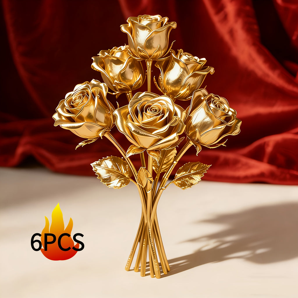 6 Rosas Douradas Artificiais, Arranjo Floral Falso Realista, Presentes para o Ano Novo, Dia dos Namorados, Dia da Mãe, Dia do Pai, Decorações para Festas de Aniversário e Convívios, Adequado para Exposição em Escritório e Jardim Exterior