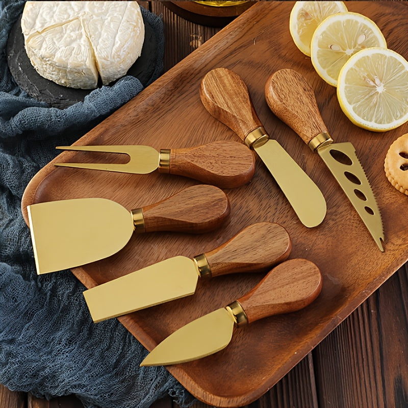 Premium Acacia Cheese Tool Set - with Western Style Acacia Handle, 410 Stainless Steel Cheese Knife, Fork, Butter Scraper, Mini Cheese Slicer Set, Baking Tools, Kitchen Supplies, Restaurant Supplies