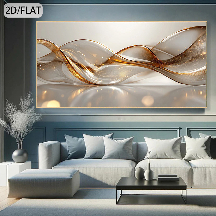 Grande Arte de Parede Moderna Abstrata - Pintura em Tela com Linha Dourada e Moldura Transparente, Ideal para Sala, Quarto, Escritório - Decoração Contemporânea Neutra 50x150cm (19,69x59,06in) Obra de Arte Moderna de Grande Porte