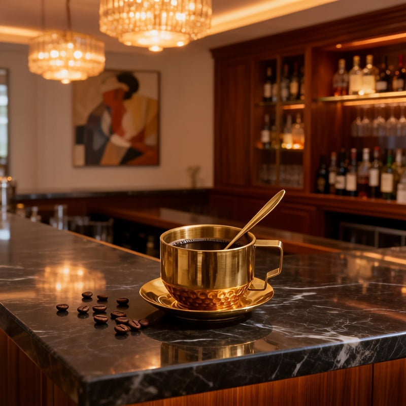 Conjunto de 3 Peças de Copos Premium em Aço Inoxidável Dourado | Inclui Copo, Prato e Colher, Ideal para Casa, Escritório, Cafés ou Lojas de Sobremesas, Capacidade de 150ml