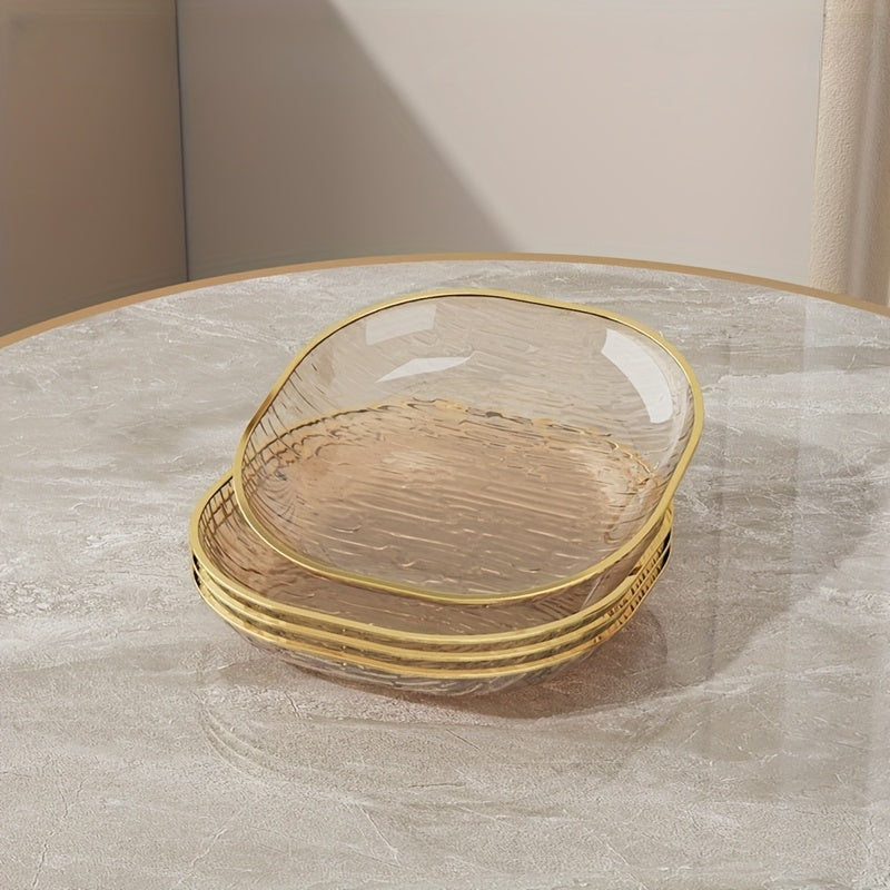 Conjunto de 4 Pratos Elegantes Transparentes para Snacks e Fruta com Borda Dourada, Fabricados com Materiais de Alta Qualidade para Alimentos, Formato Oval, Perfeitos para Refeições Familiares, Convívios e Todas as Estações, Adequados para Fruta, Snacks e Pratos de Servir.