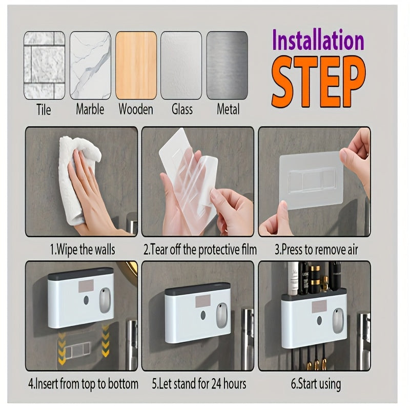 Um Suporte Inteligente para Escovas de Dentes para Organizar Escovas de Dentes na Casa de Banho, Com um Dispensador Automático de Pasta de Dentes - Montado na Parede, com 5 Compartimentos de Armazenamento, Feito de Plástico Durável, Bateria de Lítio Recarregável Via USB, Perfeito para Organização Moderna da Casa de Banho