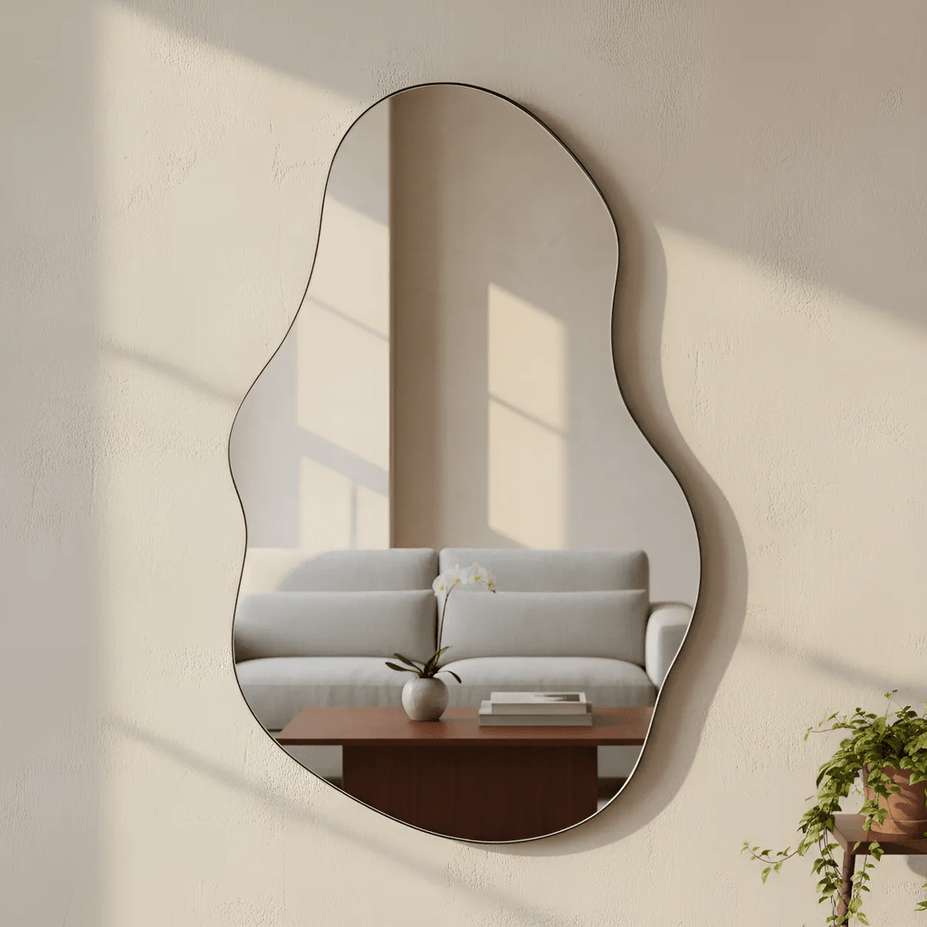 Espelho Orgânico Decorativo Moderno 70x50cm Formato Irregular Estilo Pinterest Vidro Polido de Alta Qualidade Sem Distorção para Decoração de Quarto Sala Hall e Banheiro Opções de Instalação com Suporte ou Fita Dupla Face Design Contemporâneo Luxo Resistente e Versátil Lopazzi Home Decor