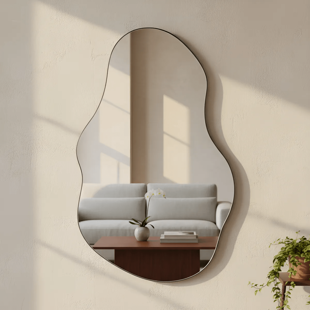 Espelho Orgânico Decorativo Moderno 70x50cm Formato Irregular Estilo Pinterest Vidro Polido de Alta Qualidade Sem Distorção para Decoração de Quarto Sala Hall e Banheiro Opções de Instalação com Suporte ou Fita Dupla Face Design Contemporâneo Luxo Resistente e Versátil Lopazzi Home Decor