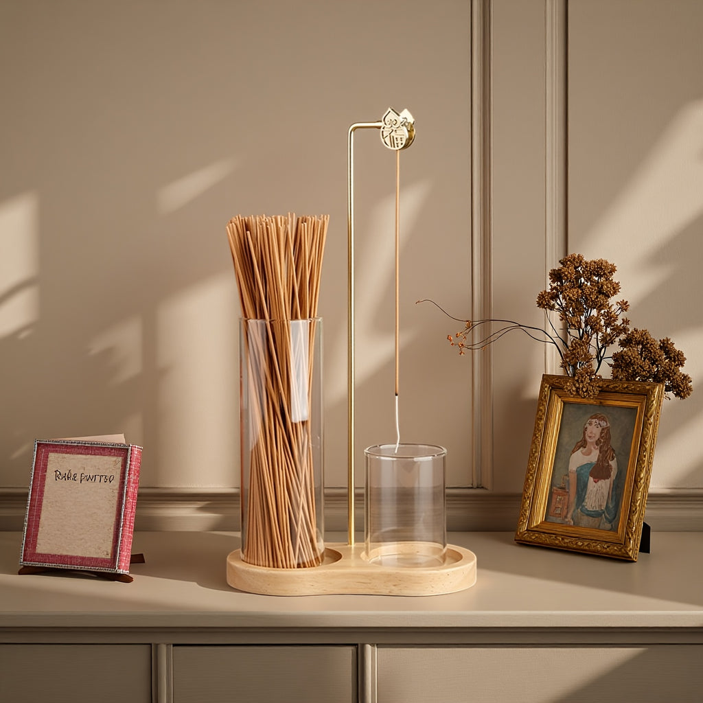 Suporte de Incenso Duplo em Madeira Maciça com Design em Forma de Copo Redondo, Equipado com um Suporte de Incenso de Cabaça, um Tubo de Incenso de Vidro e um Suporte de Incenso de Sândalo em Madeira de Borracha, Adequado para Uso no Escritório, Yoga e Meditação.