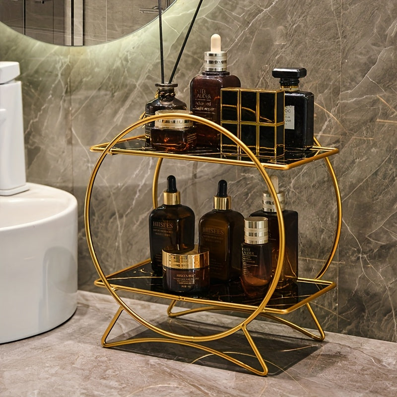 Organizador de banheiro de duas camadas DONGZHANGGUI com base elegante de orelha de gato - Prateleiras de metal elegantes para cosméticos, cuidados de pele e perfumes - Acabamento lacado, ideal para um banheiro moderno, organizadores e armazenamento de banheiro