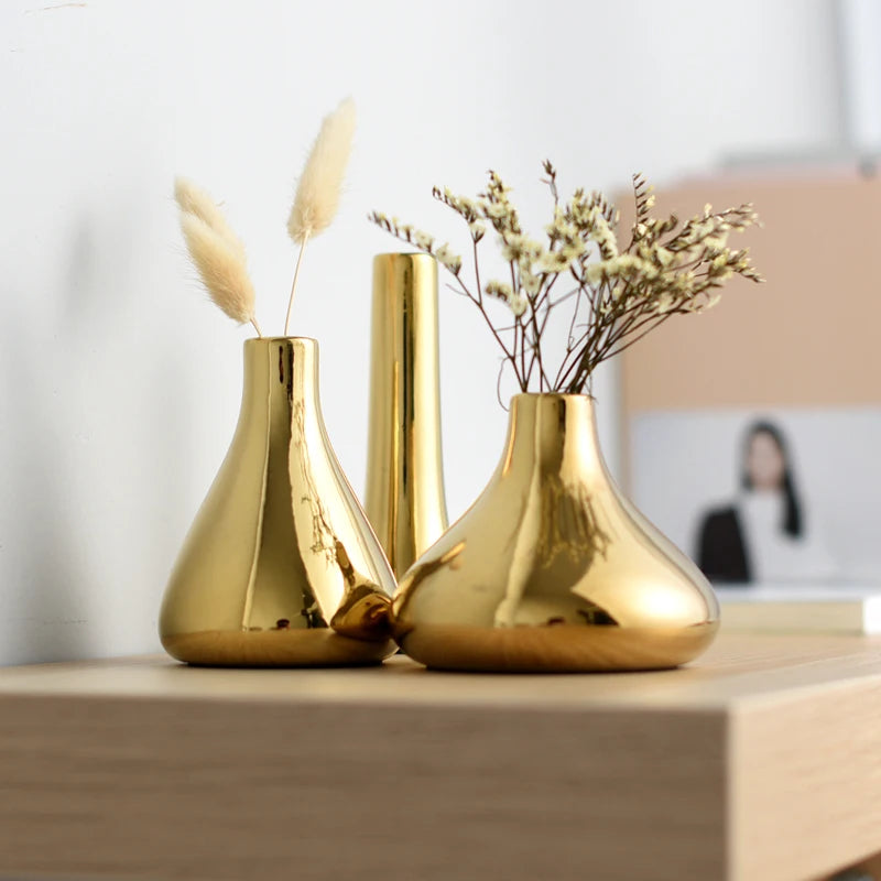 Nordic decoração de mesa de escritório em casa luz luxo banhado a ouro vaso flores secas vaso de cerâmica vaso moderno mini vazen