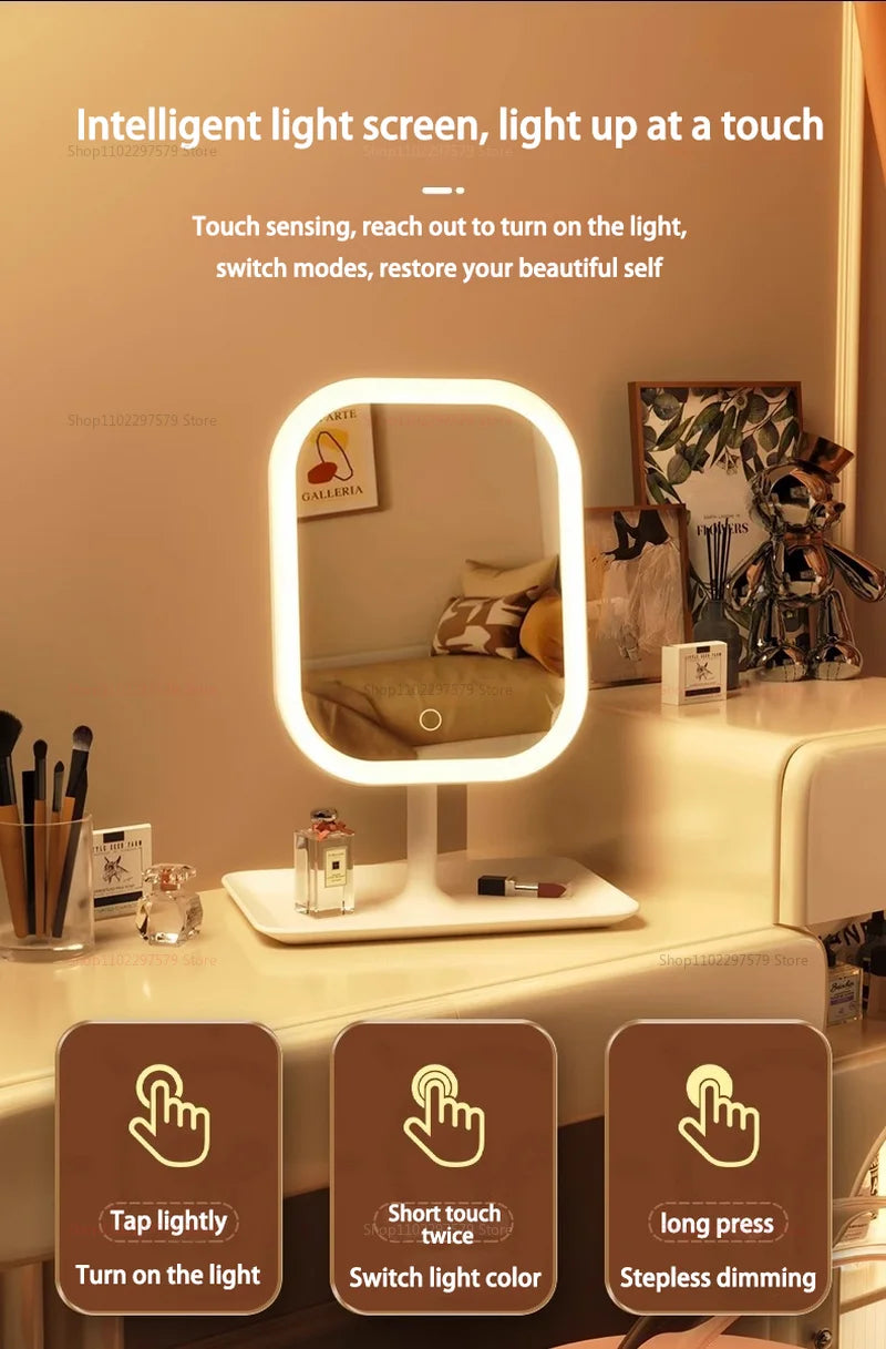 Espelho de Maquiagem LED Tricolor com Controle de Toque