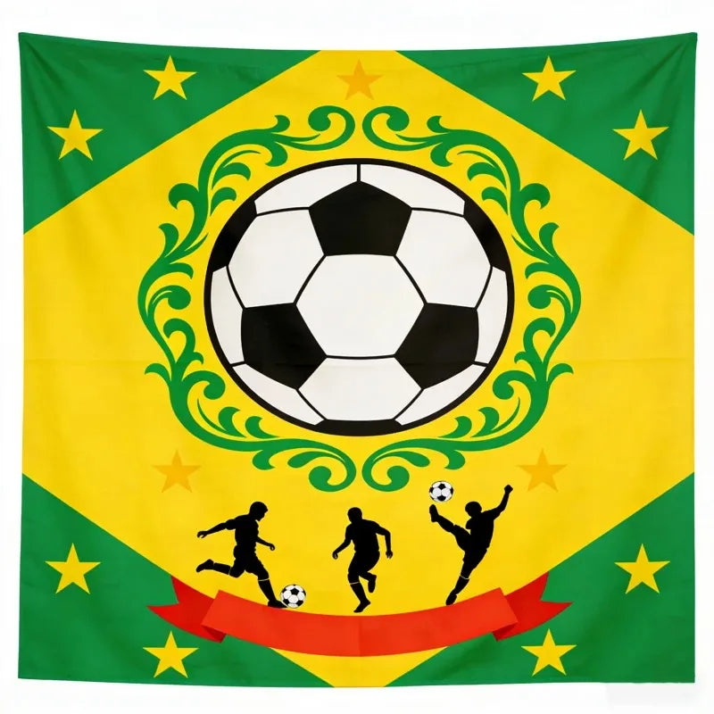 1 peça Tapeçaria de Futebol do Brasil com Padrão de Silhueta de Jogador e Bola de Futebol, Tecido de Parede com Estampa Plana, Decoração Esportiva para Casa para Fãs Brasileiros
