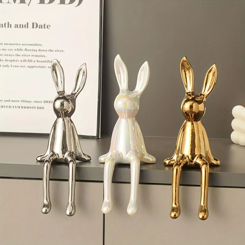 1 pçs cerâmica orelhas compridas sentado coelho quarto ornamentos estátua de luxo acessórios de decoração para casa high-end arte estética