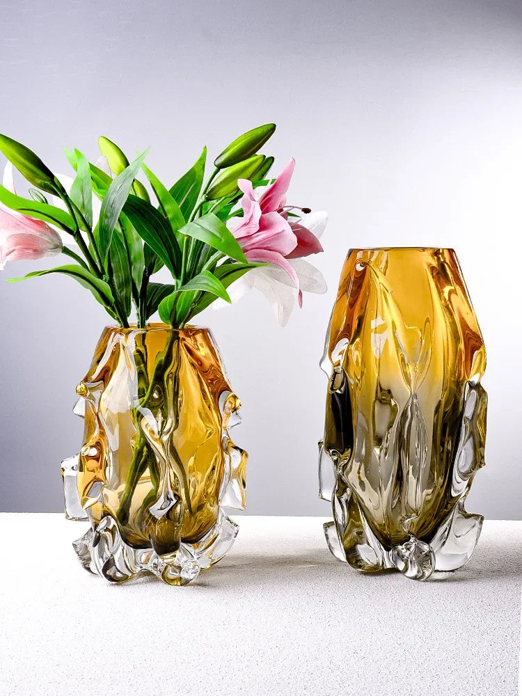 Jarrón luz luxo criativo vaso de vidro cristal transpant amarelo irregular vasos de flores decoração hogar ornamento mesa