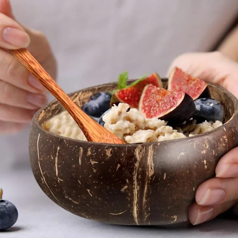 5/1 pçs tigelas de coco natural reutilizáveis utensílios de mesa de madeira com colher sobremesa salada de frutas iogurte tigela de coco casa cozinha suprimentos