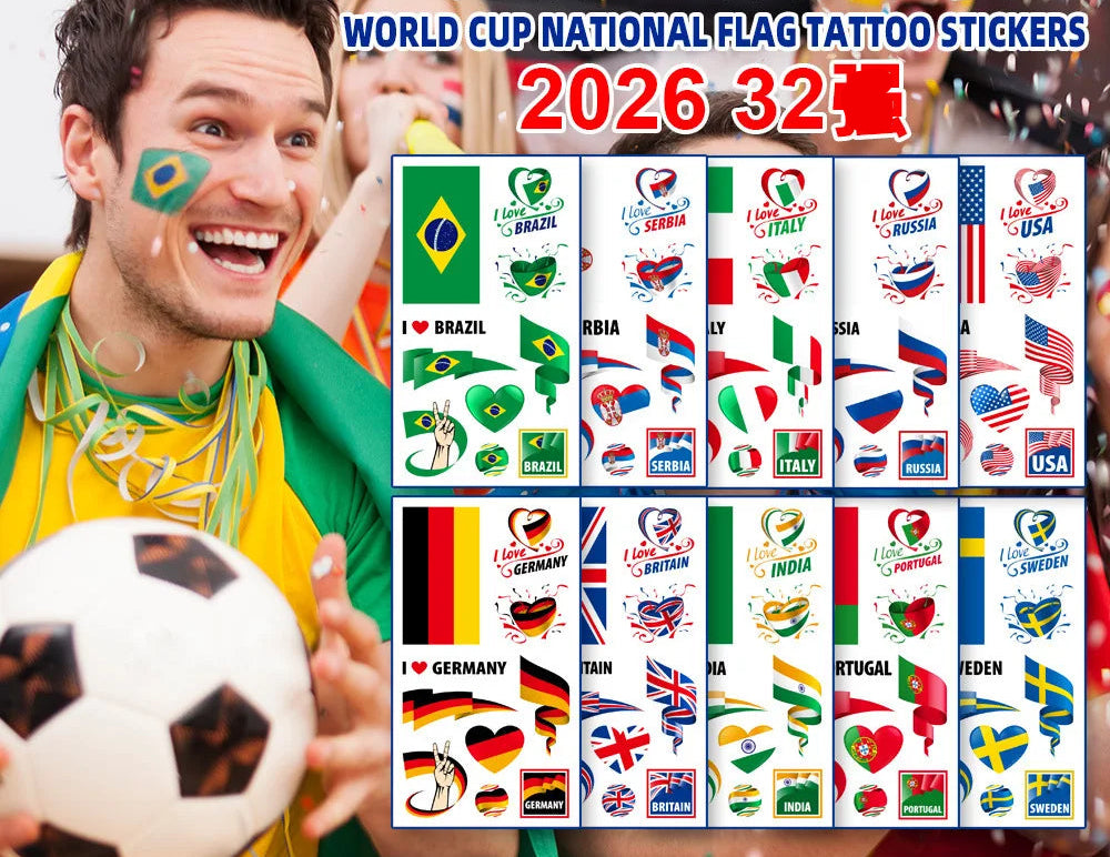 10 Peças de Tatuagens Temporárias à Prova d'Água com Bandeiras Nacionais para o Copa do Mundo de 2026, Adesivos para Rosto e Corpo para Fãs de Futebol, Decorações para Dias de Jogo