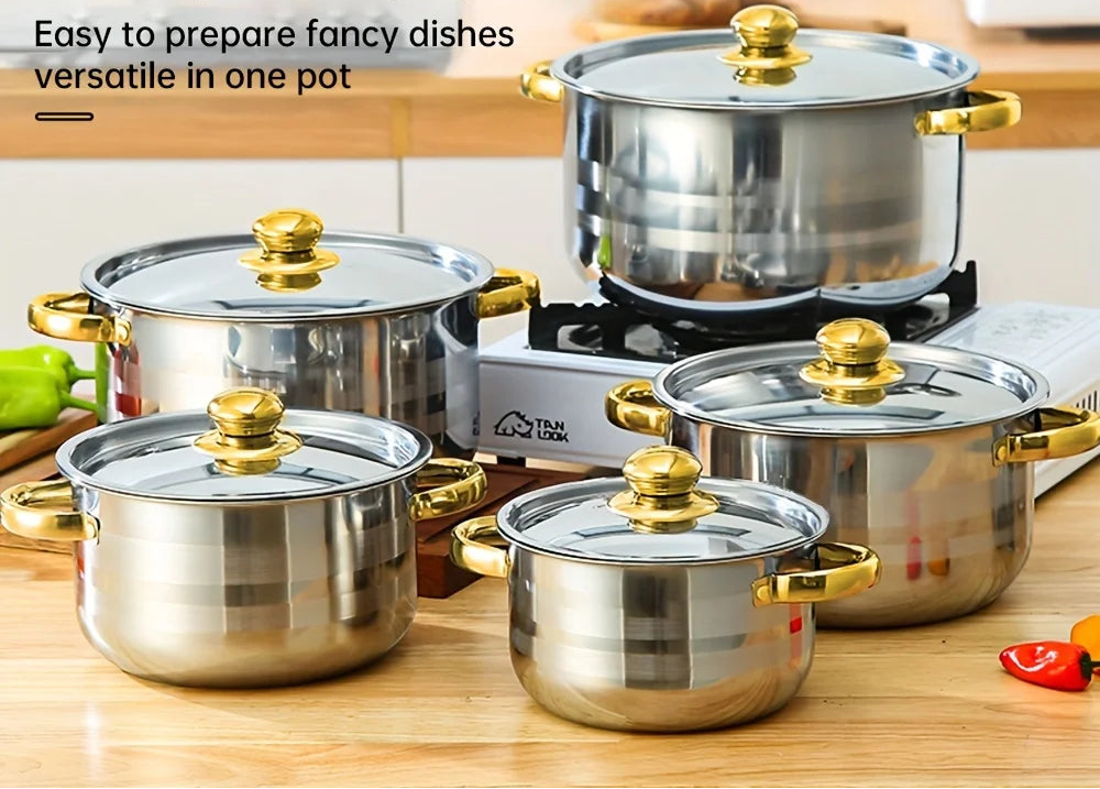 Conjunto de panela de sopa, panela de aço inoxidável, panela de ensopado de aço inoxidável, 5 panelas + 5 tampas, adequado para fogões de indução e fogões a gás