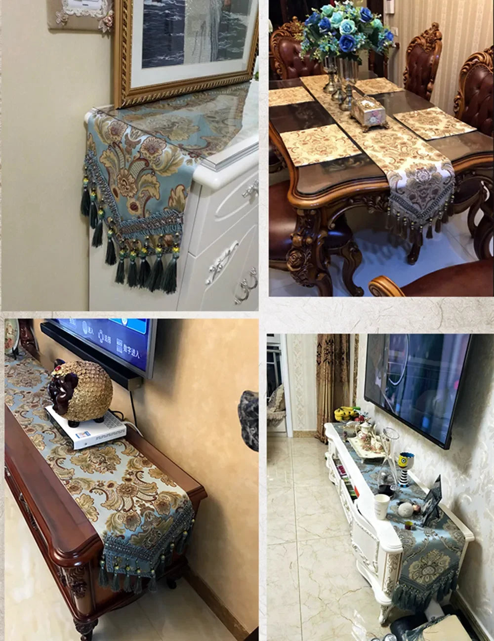 Beige Royal Luxury Jacquard Table Runner European Delicate Tassel Pendant Tablecloth Table Cover for Wedding Hotel Dinner Party