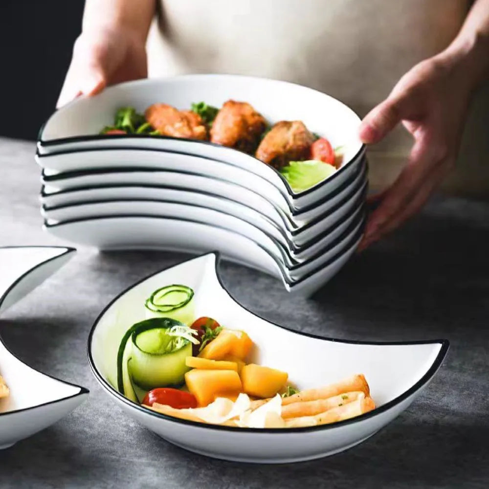 Conjunto de louça de cerâmica para reunião, 5 peças, formato de lua, prato quente, combinação flexível de pratos de acordo com o consumo de alimentos