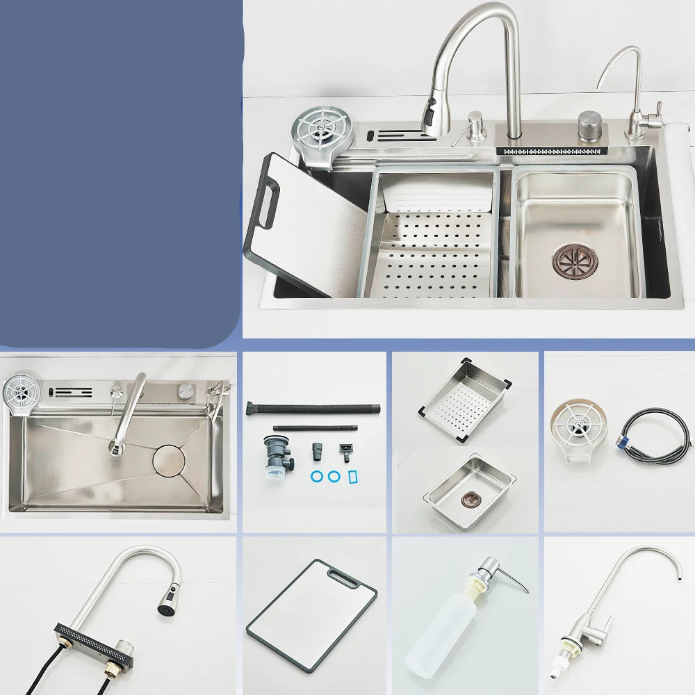 Pia de Cozinha em Aço Inoxidável com Display Digital e Torneira Cascata