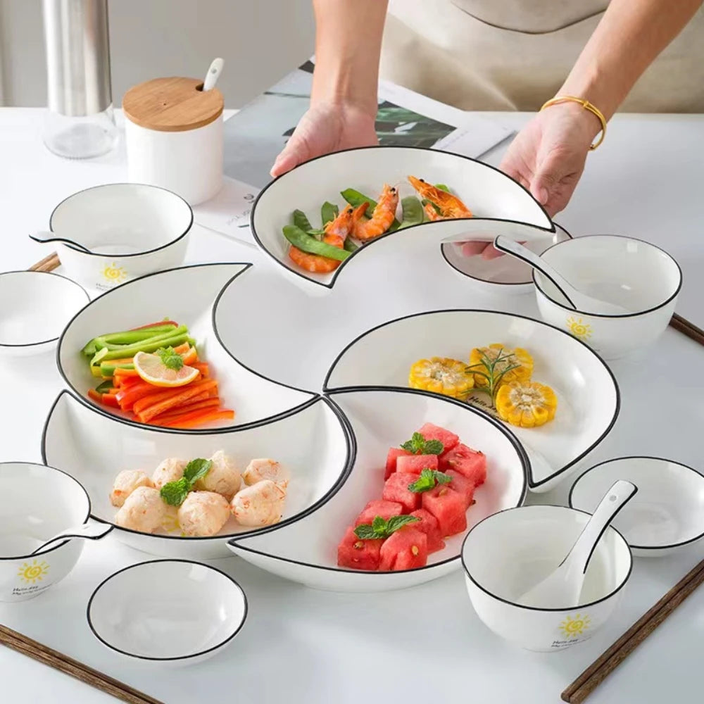 Conjunto de louça de cerâmica para reunião, 5 peças, formato de lua, prato quente, combinação flexível de pratos de acordo com o consumo de alimentos