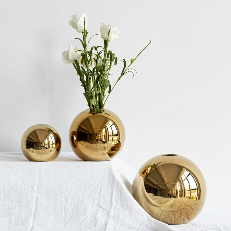 Vaso de cerâmica galvanizado de ouro, luxuoso europeu, criativo, esférico, decoração de casa, arranjo de flores, recipiente, ornamento de casamento