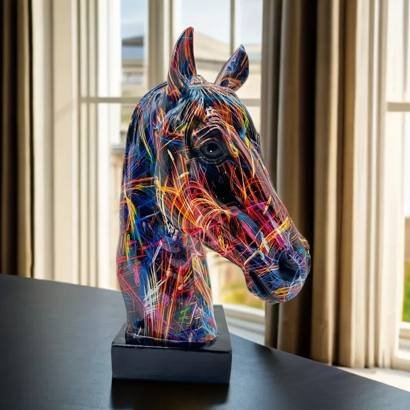 Estatueta colorida de cabeça de cavalo graffiti, arte em resina de cabeça de cavalo, artesanato moderno, escultura de cavalo para sucesso para casa/escritório