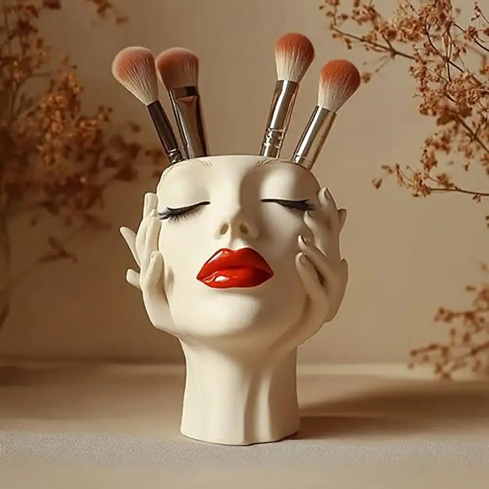 Feminino contorno design caneta titular artesanal artístico forma feminina cabeça vaso de maquiagem escova titular elegante rosto vaso decoração