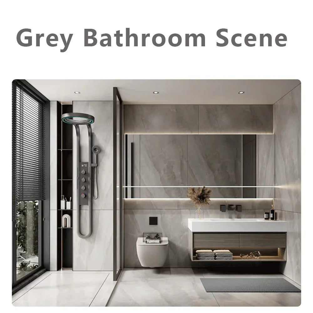 Moderno high end chuvas painel de chuveiro spa massagem jato cachoeira chuveiros coluna torneiras conjunto display led inteligente sistema chuveiro do banheiro Torneira misturadora termostática latão banheira