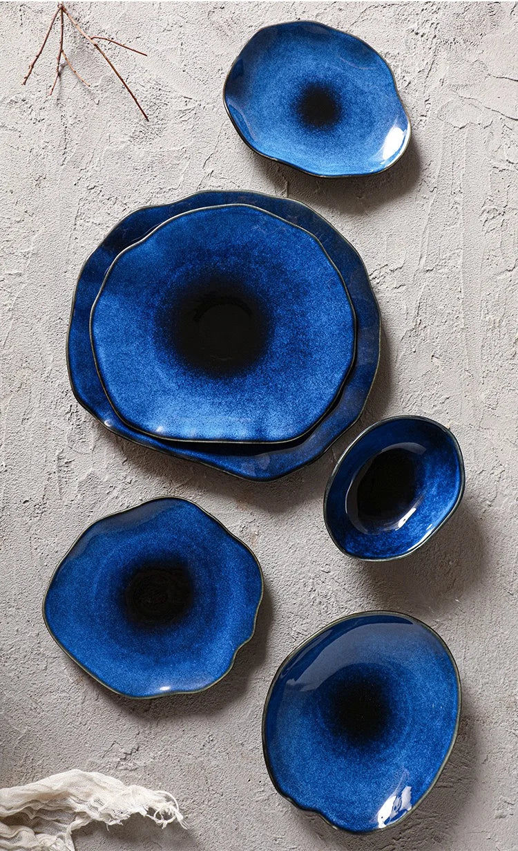 1 pçs olho de gato cor azul novo prato de cerâmica japonesa prato plano cerâmica prato irregular louça bife exibição prato
