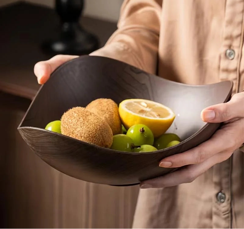 Bowl Grande de Plástico para Salada e Frutas, Adequado para Festas e Reuniões. Recipiente para Doces, Acabamento em Madeira